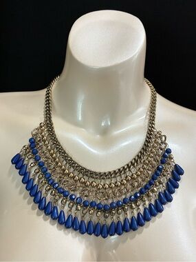 Statement Gold-Tone Necklace with Royal Blue Beads - Women Jewelry